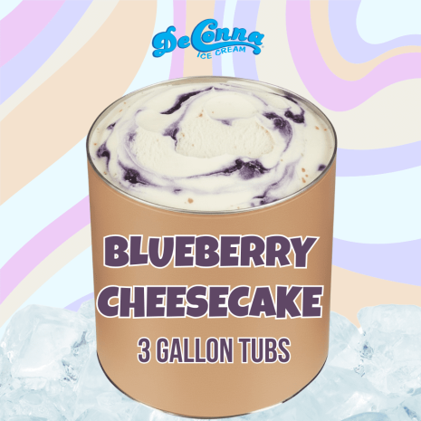 Blueberry Cheesecake ice cream in a 3 gallon DeConna tub with creamy cheesecake base and blueberry swirls.