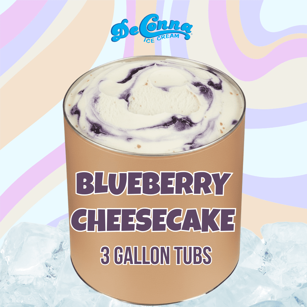 Blueberry Cheesecake ice cream in a 3 gallon DeConna tub with creamy cheesecake base and blueberry swirls.