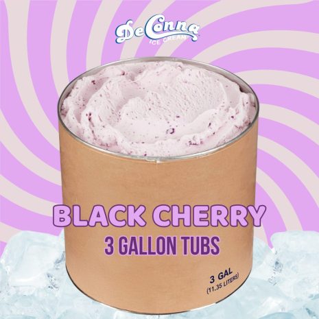 Bulk black cherry ice cream in a 3 gallon tub, creamy pink with fruit pieces, DeConna brand