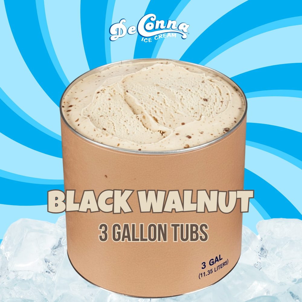 DeConna black walnut ice cream in a 3 gallon tub, creamy beige with nut pieces, sitting on ice