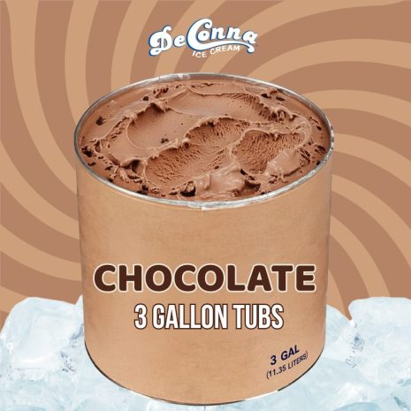 DeConna chocolate ice cream, rich and velvety, packed in a 3 gallon bulk tub on ice