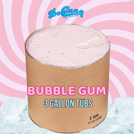 Pink Bubble Gum ice cream in a 3 gallon DeConna tub with creamy pastel pink base and subtle candy specks.