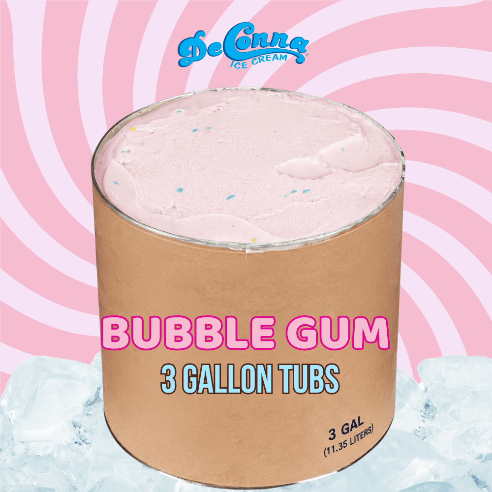 Pink Bubble Gum ice cream in a 3 gallon DeConna tub with creamy pastel pink base and subtle candy specks.