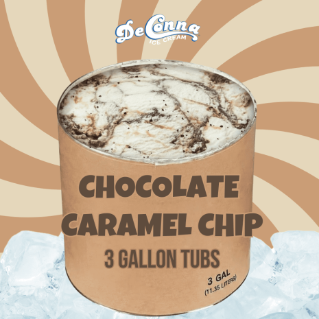 Chocolate Caramel ice cream in a 3 gallon DeConna tub with smooth chocolate base and soft caramel swirls.