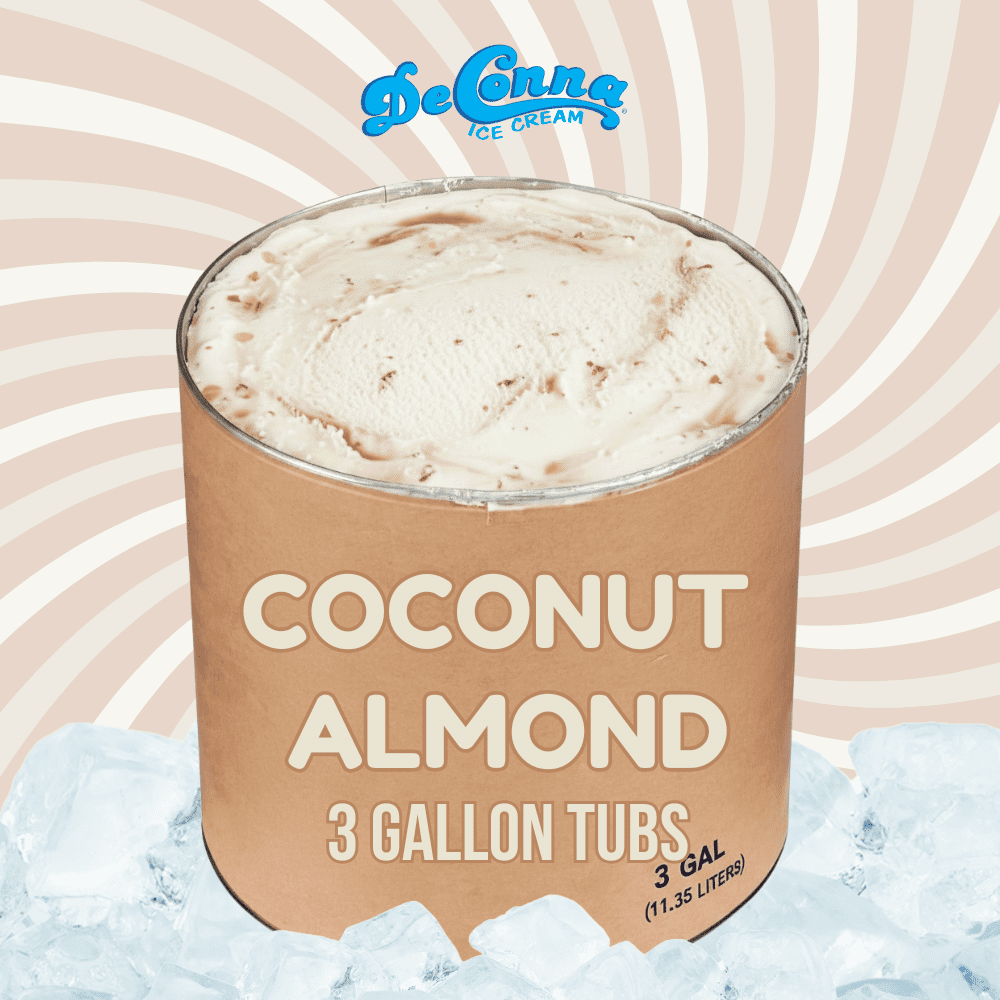 Coconut Almond Delight ice cream in a 3 gallon DeConna tub with creamy off-white base, light chocolate swirls, and tiny almond pieces.