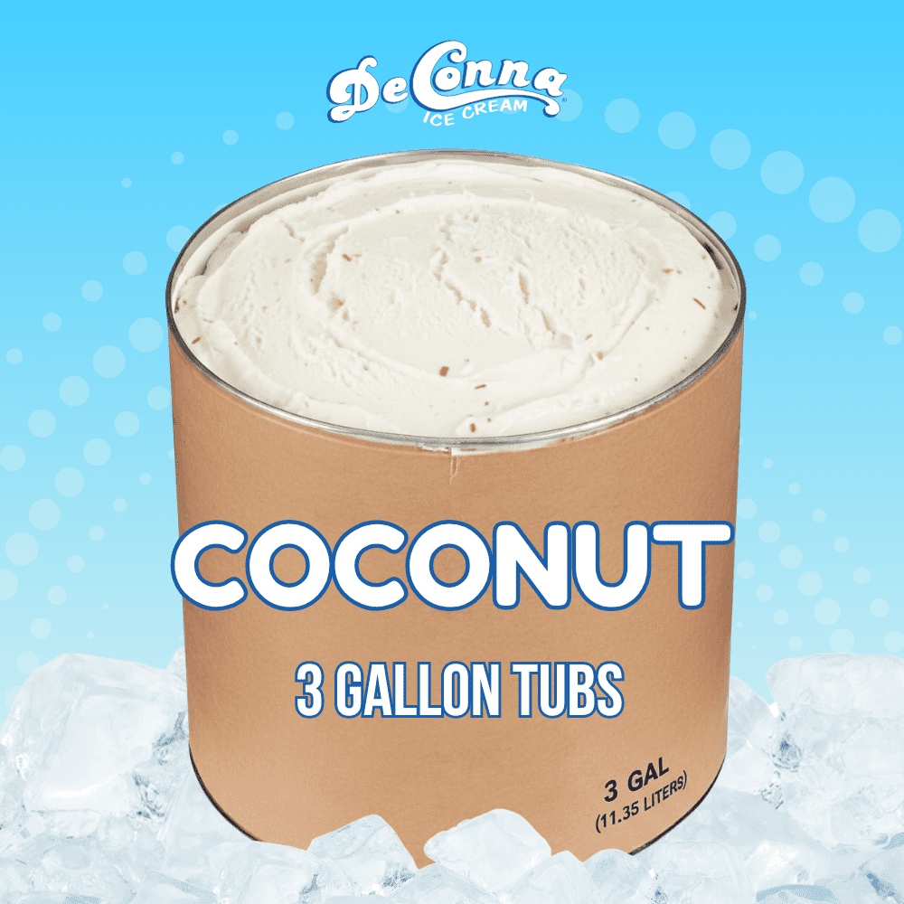 Coconut ice cream in a 3 gallon DeConna tub with smooth white base and tiny coconut flakes.