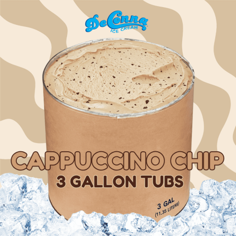 Cappuccino Chip ice cream in a 3 gallon DeConna tub with creamy coffee-colored base and tiny chocolate flakes.