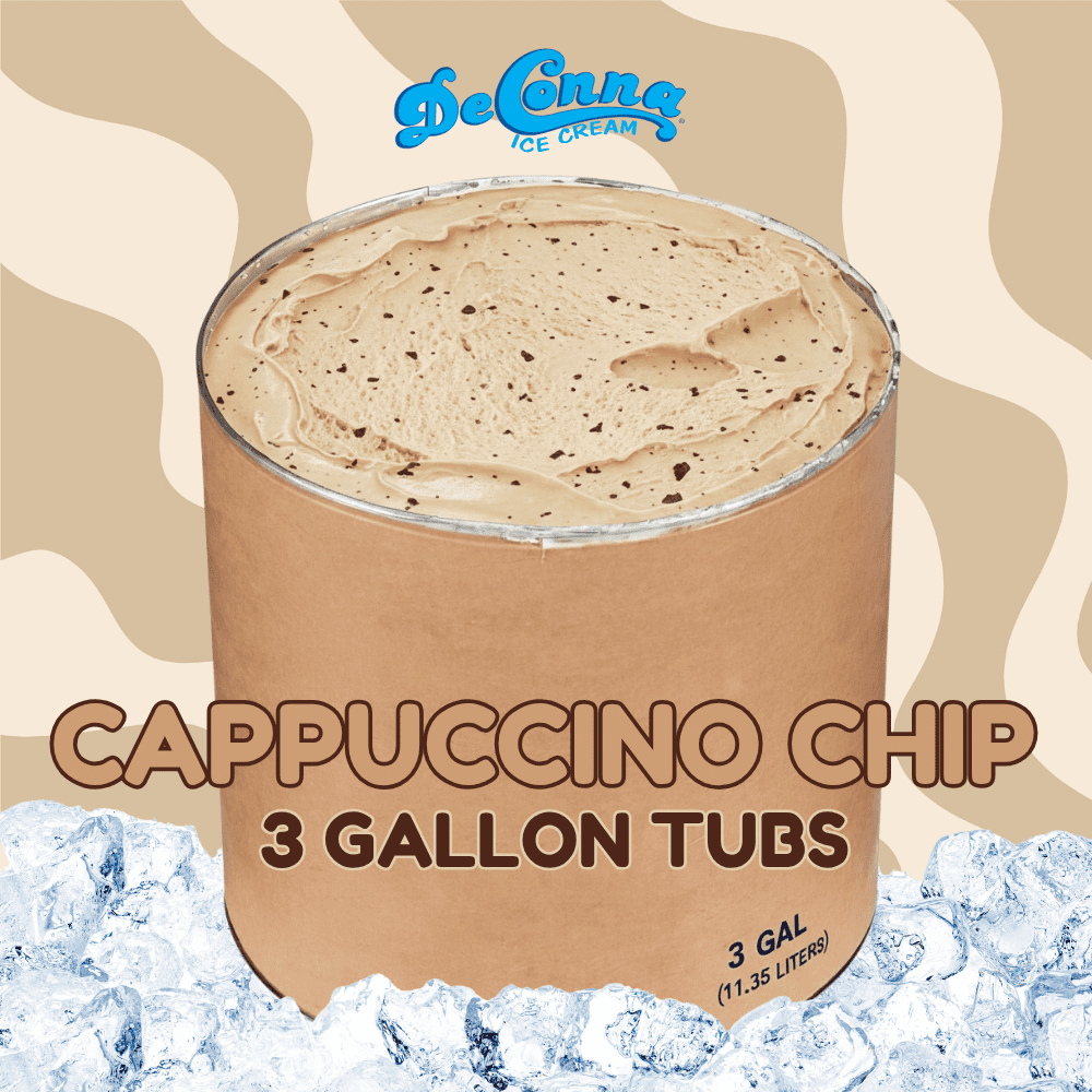 Cappuccino Chip ice cream in a 3 gallon DeConna tub with creamy coffee-colored base and tiny chocolate flakes.
