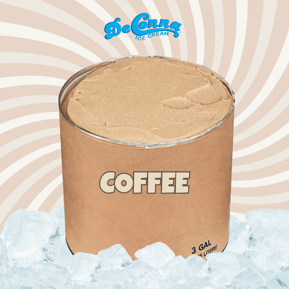 Coffee ice cream in a 3 gallon DeConna tub with smooth, creamy coffee-brown color.
