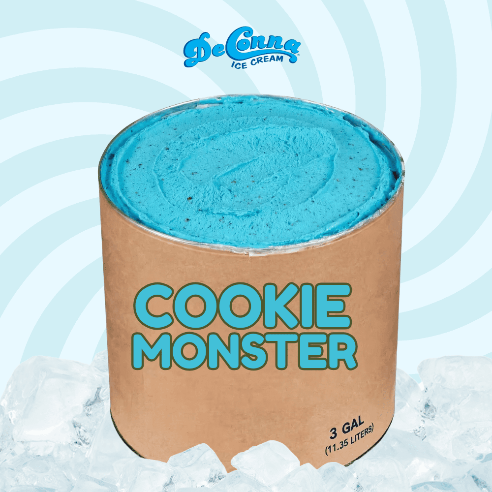Cookie Monster ice cream in a 3 gallon DeConna tub with bright blue base and tiny chocolate cookie crumbs.