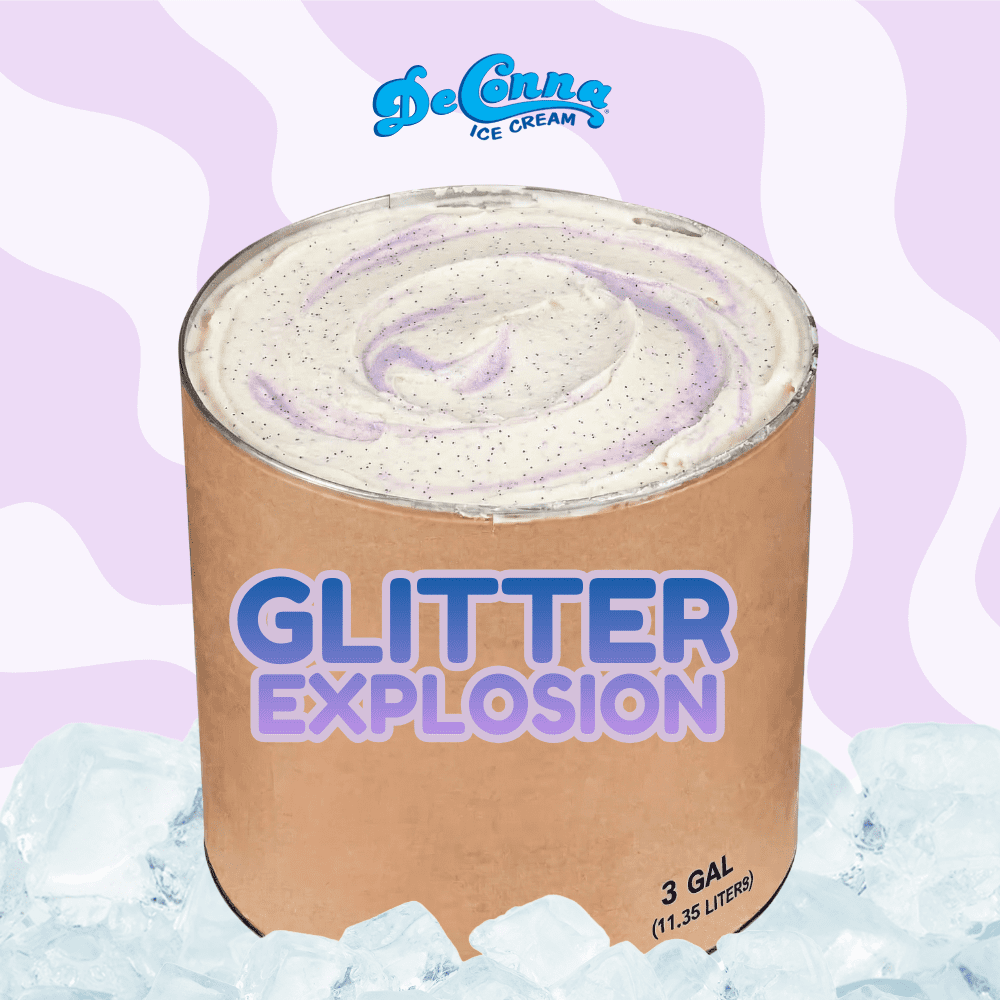 Glitter Explosion ice cream in a 3 gallon DeConna tub with saturated purple glitter specks and pastel shimmer-purple swirls.