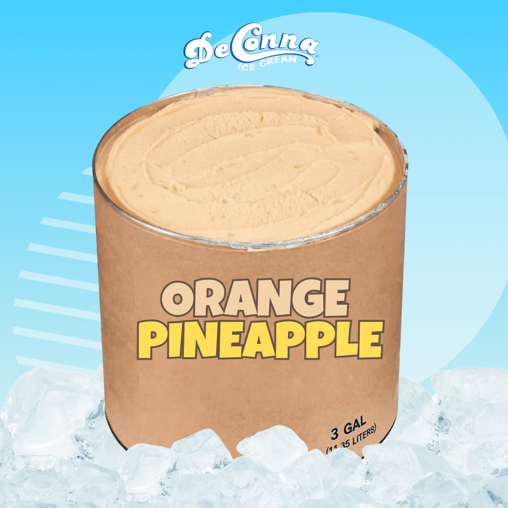 Orange Pineapple ice cream in a 3 gallon DeConna tub with creamy orange base and tiny pineapple bits.