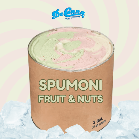 Spumoni ice cream in a 3 gallon DeConna tub with cherry base, pistachio and chocolate tones, and tiny fruit and nut pieces.