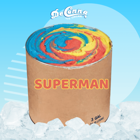 Superman ice cream in a 3 gallon DeConna tub with bold red, blue, and yellow swirls.