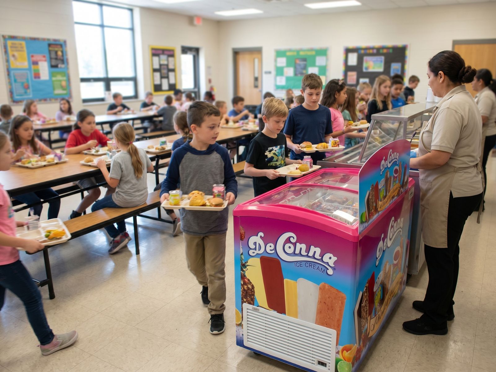 Children line up in a school cafeteria to get ice cream from a colorful ice cream cart attended by a staff member.