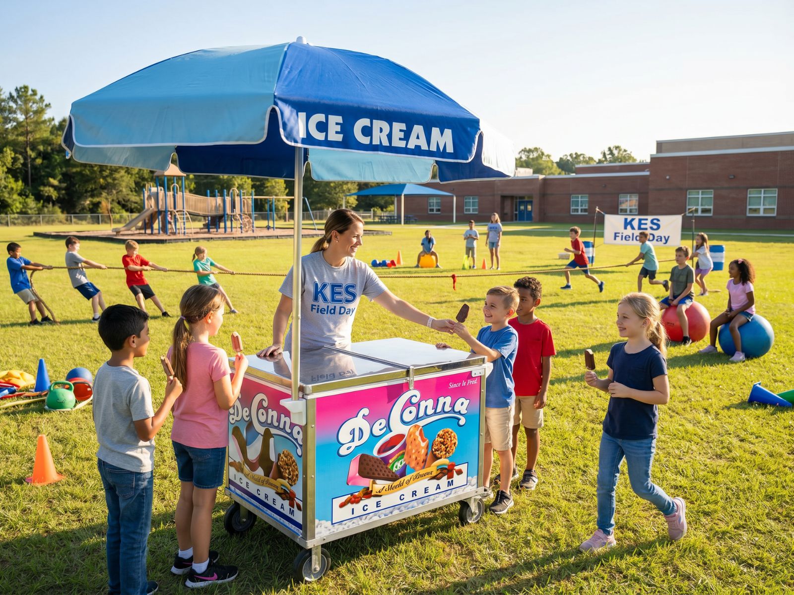 Children line up for ice cream from a colorful cart under a blue canopy at a sunny school field day territory outside a brick building with a banner in the background.
