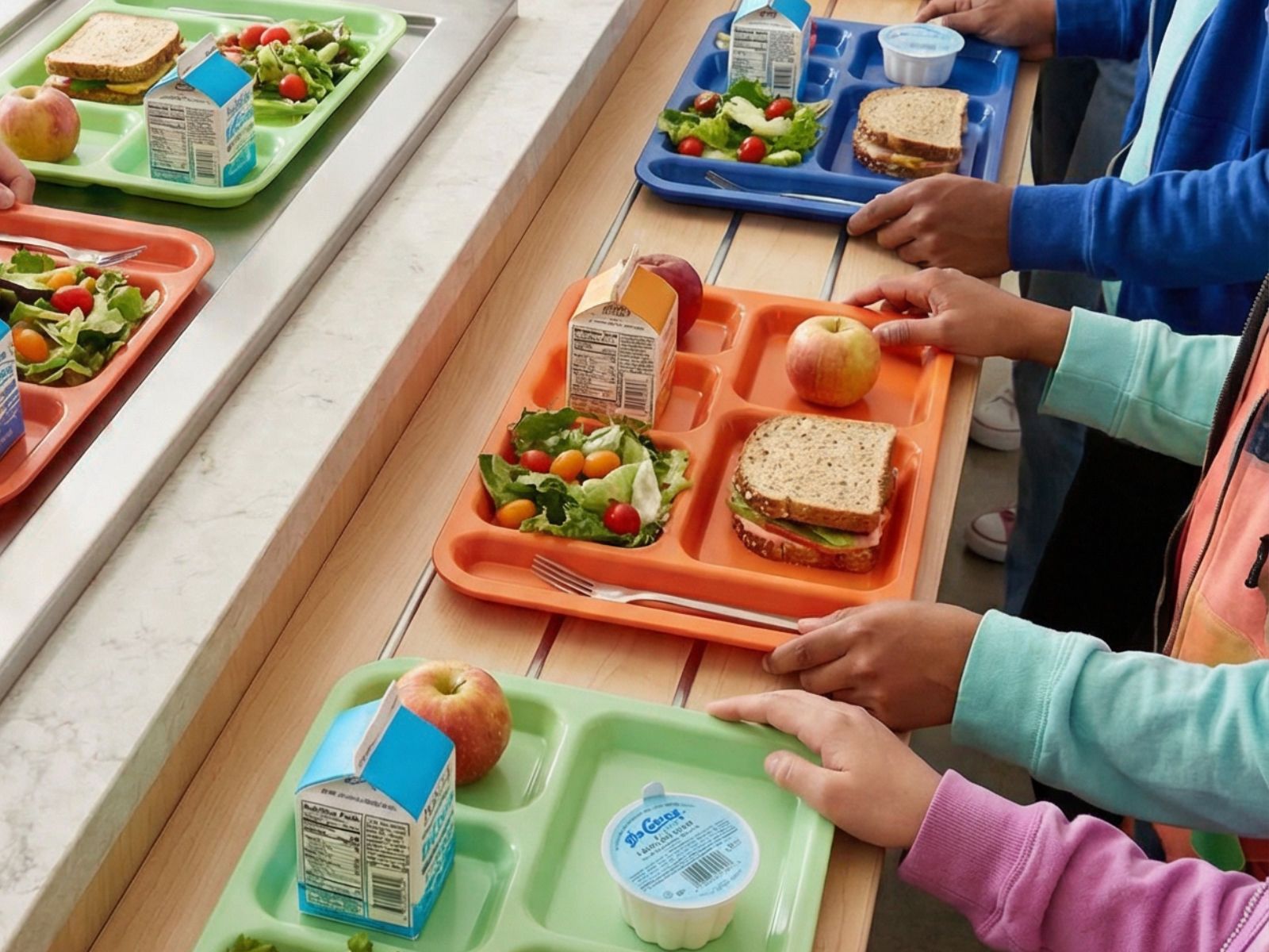 Students in a school cafeteria line with colorful trays holding sandwiches, salads, milk, and fruit.