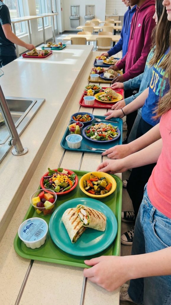 Students in a school cafeteria line with colorful trays of lunch, including a wrap, salads, fruit cups, and yogurt.