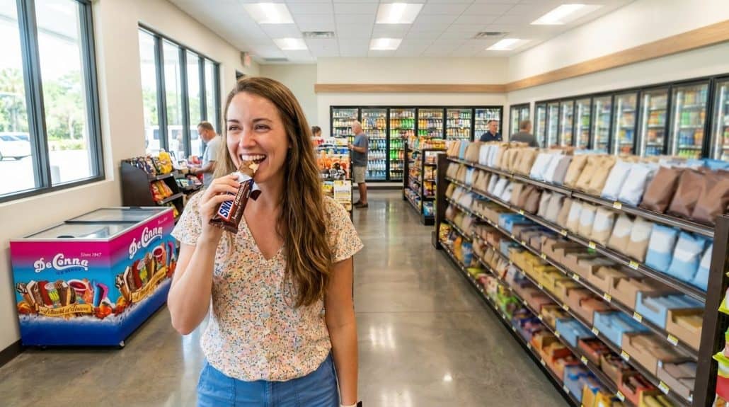 Snickers Ice Cream Bar from a DeConna Freezer in a Convenience Store - DeConna Ice Cream Woman enjoying a Snickers ice cream bar next to a DeConna freezer in a modern Florida convenience store